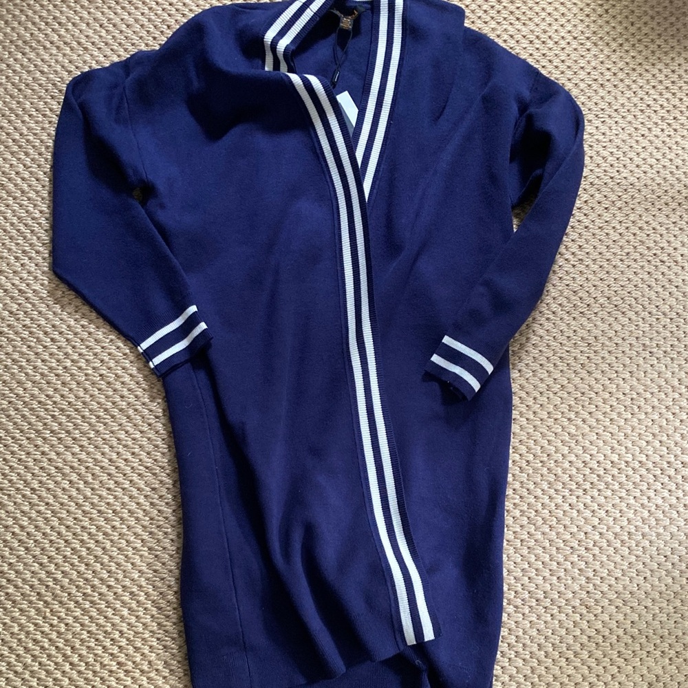 Navy Blue Women's Cardigan with Striped Trim